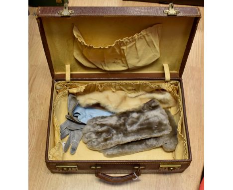 A pair of Ladies motoring gloves early 1950's; gloves in grey long fur with brown leather fronts 7½ size made by Boultons; pa