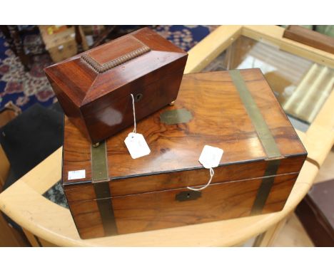 A Victorian walnut veneered and brass bound writing slope, together with an early 19th Century mahogany tea caddy of sarcopha