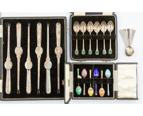 A collection of Elizabeth II silver flatware including a set of six silver lobster picks, Atkin Brothers, Sheffield 1954, box