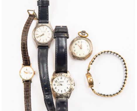 A silver pocket watch with gold inlays along with a ladies vintage Tissot, Precisa and two other dress watches (5)
