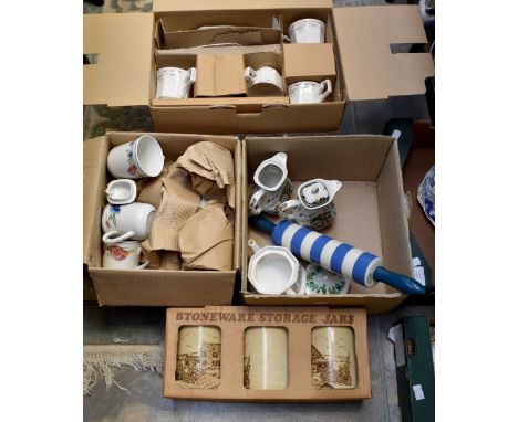 20th Century boxed dinner and tea services; sugar, coffee, tea jars, T.G Green rolling pin and three hot water pots