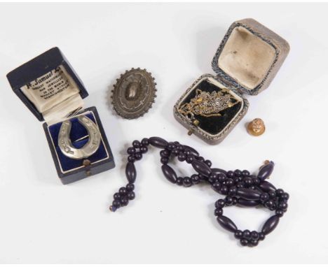 Silver brooches, 19th Century wooden bead necklace, rose gold chains etc