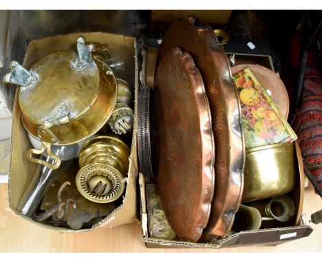 Brass and copper wares including Salter ceiling hanging scales, brass oil lamps, jam pan, candlesticks  along with other item