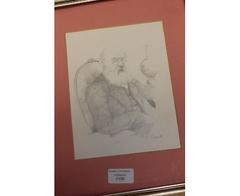Ken Moroney (Contemporary), "Elderly gentleman seated beside an oil lamp", pencil, signed and dated 76, 20.5cm x 16cm.