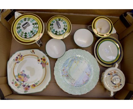 An Art Deco Plant and Tinsley production, Chelsea Works Burslem Moorland; a seven piece teaset including tea pot, milk, sugar