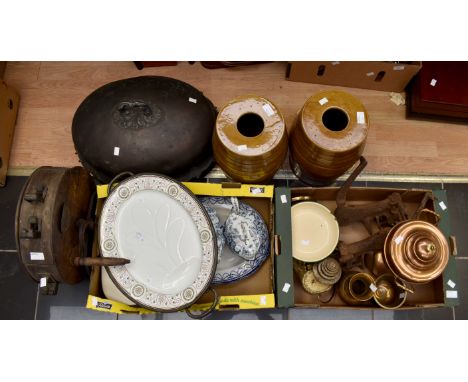 Quantity lot of metal ware, to include brass mortar and pestle, copper Semaphone vase, weighing scales, vintage knife sharpen