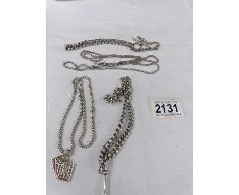 A silver watch Albert, a silver playing card pendant on silver chain and 2 unmarked white metal chains.