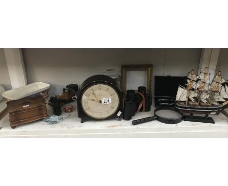 A mixed lot including trinket boxes, model boats, binoculars etc.