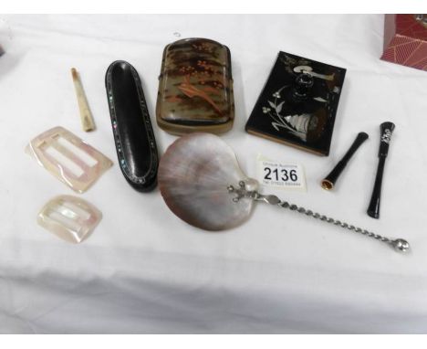 A lacquered cigar case, other lacquer and mother of pearl items.