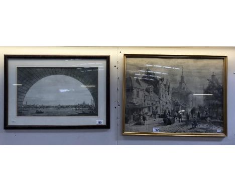 A framed and glazed print of The Thames, London and a German street scene after C. Springer 1817-1891