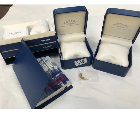 An empty Tissot watch box complete with book and extra links and 2 rotary watch empty boxes, 1 with extra links