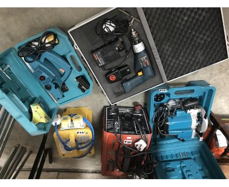 A quantity of electrical tools including planer, router, Bosch drill, Telwin portable welder and transformer