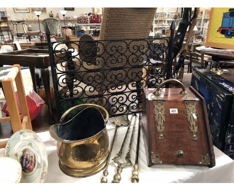 A Victorian brass bound oak coal box, fire irons, coal bucket and wrought iron fire screen