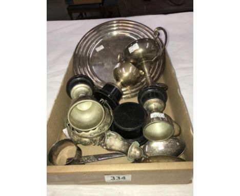 A mixed lot of silver plate including 2 Christofle plates, trophy cups, spoons etc.