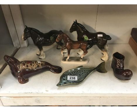 2 Melba ware shire horses, another china horse and other pottery items