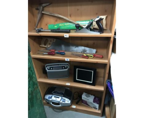 4 shelves of tools, radios etc.
