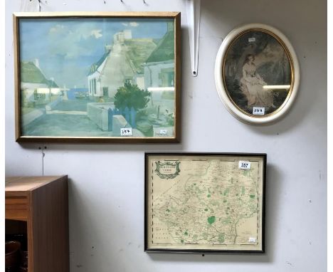 A 'Wintz' coastal town print, a map of Hertfordshire and an oval portrait print of 'Eloisa'