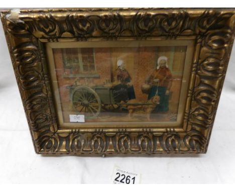A printed photograph/lithograph of Belgian dog cart with milk churns - signed but indistinct, possibly P Sojer?, in gilt fram