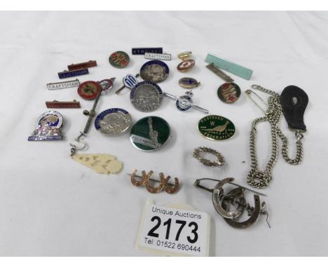 A collection of badges including enamel featuring WI, Young Farmers club, Red Cross, Nig Nog children's ring etc.,