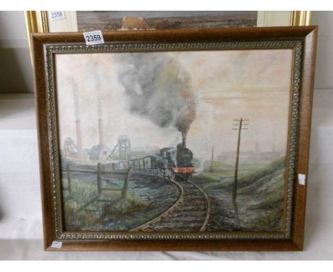 A D Hill signed oil on board painting of a coal mining train leaving the pit/colliery with cargo, hauled by Ex-Midland Railwa