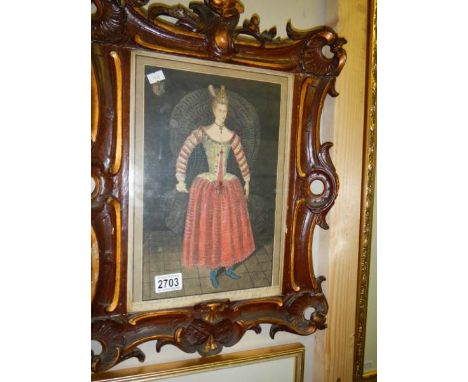 An ornately framed full portrait of a lady.