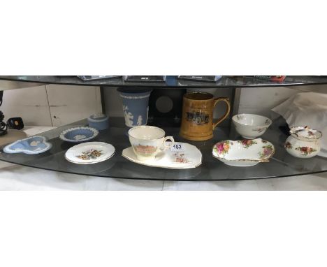4 Wedgwood blue Jasperware pieces, 2 pieces of Royal Albert Old Country Roses, Wade cup and other china including Royal Worce
