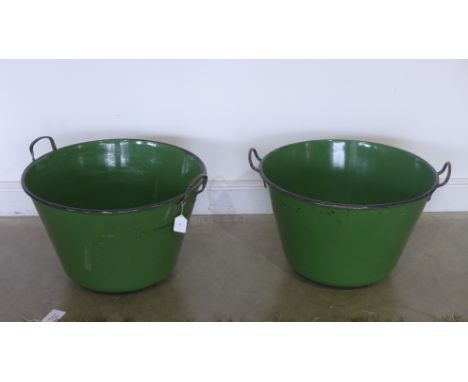 Two vintage green enamel vessels - ideal for use as garden planters or decorative use Height 39c x 59cm 