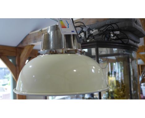 A new Culinary Concepts hanging industrial style light fitting in chrome with a cream shade - Diameter 33cm