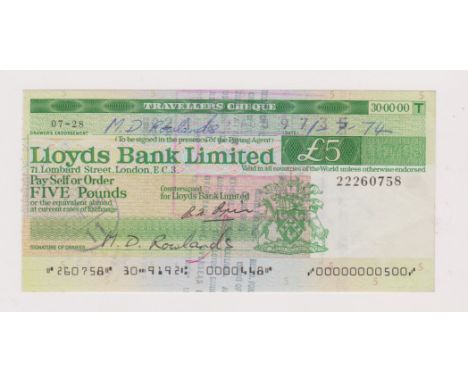 Lloyds Bank Limited, £5 Traveller's cheque used 1974