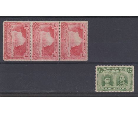 British South Africa Co. 1905 visit of British association SG 94 m/m 1d red strip of 3, 1910 postage SG 119 m/m 1/2d green. C