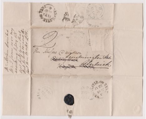 Great Britain 1842 Postal History EL dated July 20th 1847 posted to Alnwick after redirection. Postal stamp missing, manuscri