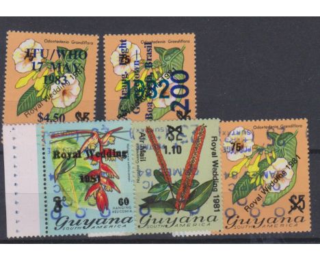 Guyana 1982-84 optd issues u/m SG 1017 1982 G.A.C., flight, SG 1095 1983 ITU/WHO and SG 1235-1237 Olympics. Cat value £24.75