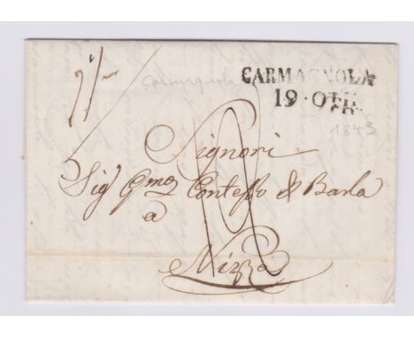 Italy 1843 Postal History EL dated Oct 1843 Carmagnola posted to Nizza (Nice) manuscript 19 two line Carmagnola 19 OTP cancel