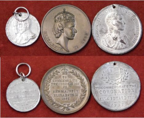Medallions 1935 Silver Jubilee, 25mm GVF with suspension, 1937 Coronation of King Edward VIII w/m 38mm scarce, some bends and