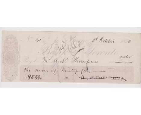Canada Bank of Toronto 1870 used cheque, Barrie Branch purple on white, order, printer Copp, Clark &amp; Co, Toronto