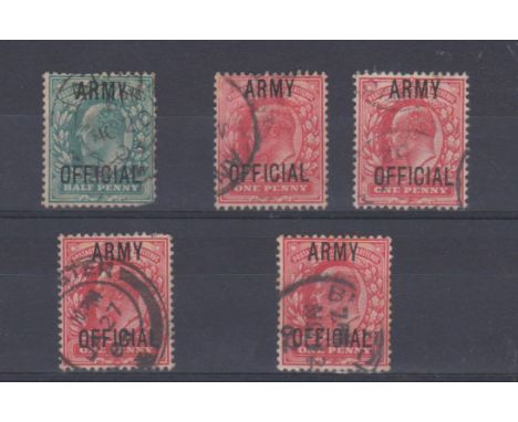 Great Britain 1902-03 Army Official Edward VII SG 048 used 1/2d and SG 049 used 1d x4. Cat value £12.50