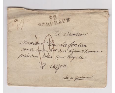 France 1827 envelope posted to Agen. Manuscript 19 Bordeaux mileage cancel, single ring 8/MAI/1827 cancel. 