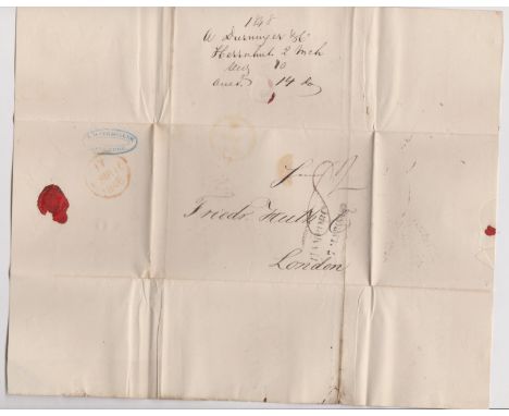 Germany 1848 Postal History EL dated 2 March 1848 posted to London. Manuscript 8 black 2 line Hamburg 7 Mar 1848 cancel. Red 