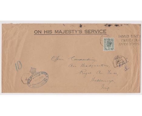 Great Britain OHMS envelope cancelled with Southampton Machine Slogan cancel posted to O.C. Air HQ RAF Habbaniya Iraq. Oval m