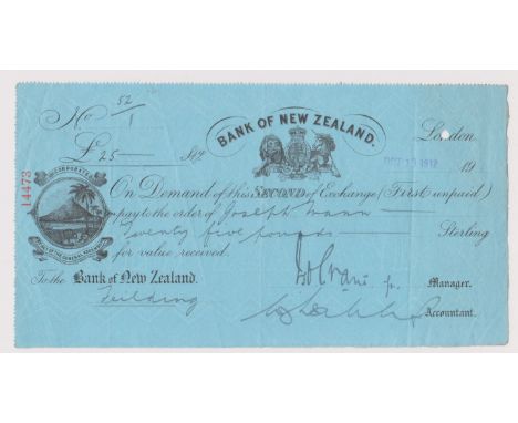 Bank of New Zealand 1912, Cheque Second Exchange, black on blue, London branch attractive vig on left, superb and scarce