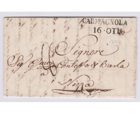 Italy 1844 Postal History EL dated Oct 1844 Carmagnola posted to Nizza (Nice), manuscript 8 two line black Carmagnola 16 OTR 