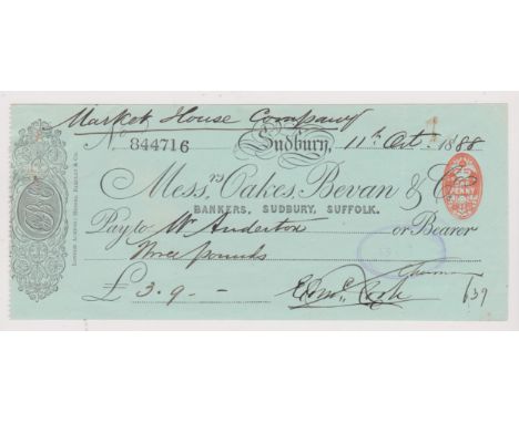 Oakes, Bevan &amp; Co., Sudbury Branch, Suffolk, 1887 used cheque order, black on green, Vig-monogram at left.