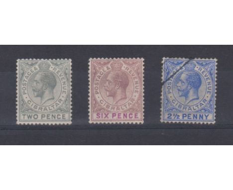 Gibraltar 1912-24 George V SG 78 m/m 2d, 80 m/m 6d and 79 used 2.1/2d. Cat value £33.25