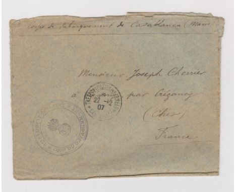France 1907 envelope posted to Cher France from Foreign Legion Regiment in Casablanca cancelled 22.12.07 Army Post Regimental