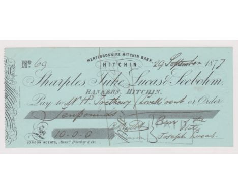 Sharples, Tuke, Lucas &amp; Seebohm 1877, cheque order, Hitchin Branch, black on green order