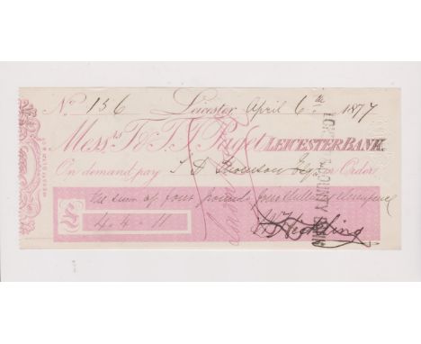 T &amp; T.T. Paget Leicester Bank 1877 cheque for £1,320 pounds, pink and white, order