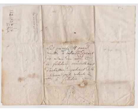 France 1825 Postal History EL dated 1 Sept 1825. Origin and destination require research. Blue Manuscript 7 Red Triangle 'T' 