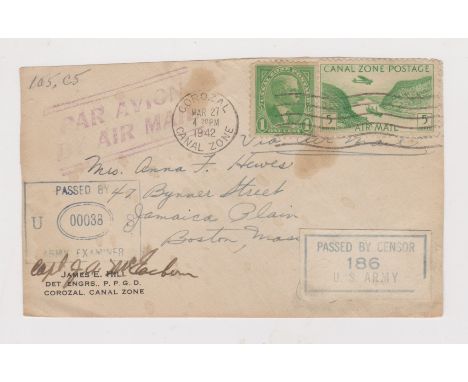 Canal Zone 1942 envelope front posted airmail to Boston cancelled 27.3.42 Corozal Canal Zone passed by US ARMY Censor 186 lab
