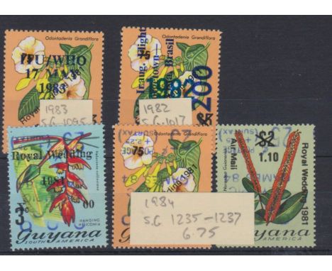 Guyana 1982-84 optd issues u/m SG 1017 1982 G.A.C., flight SG 1095 1983 ITU/WHO and SG 1235-1237 Olympics. Cat value £24.75
