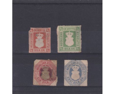 German States 1864 Mecklenburg Strelitz SG 2 m/m 1/4sgr orange-red. Top left hand corner nibbled, SG 3 m/m 1/3sgr pale-green,